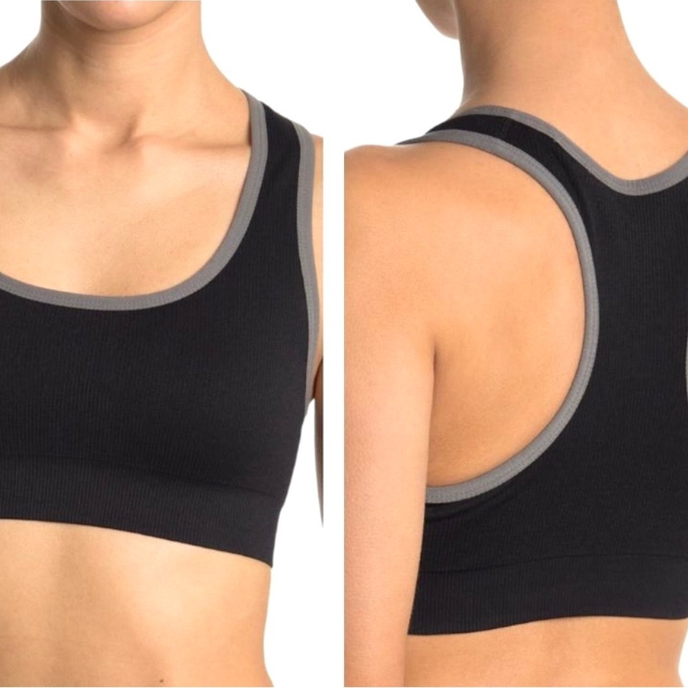 Zella Black With Gray Trim Ribbed Racer Back Sports Bra Yoga Workout Athleisure